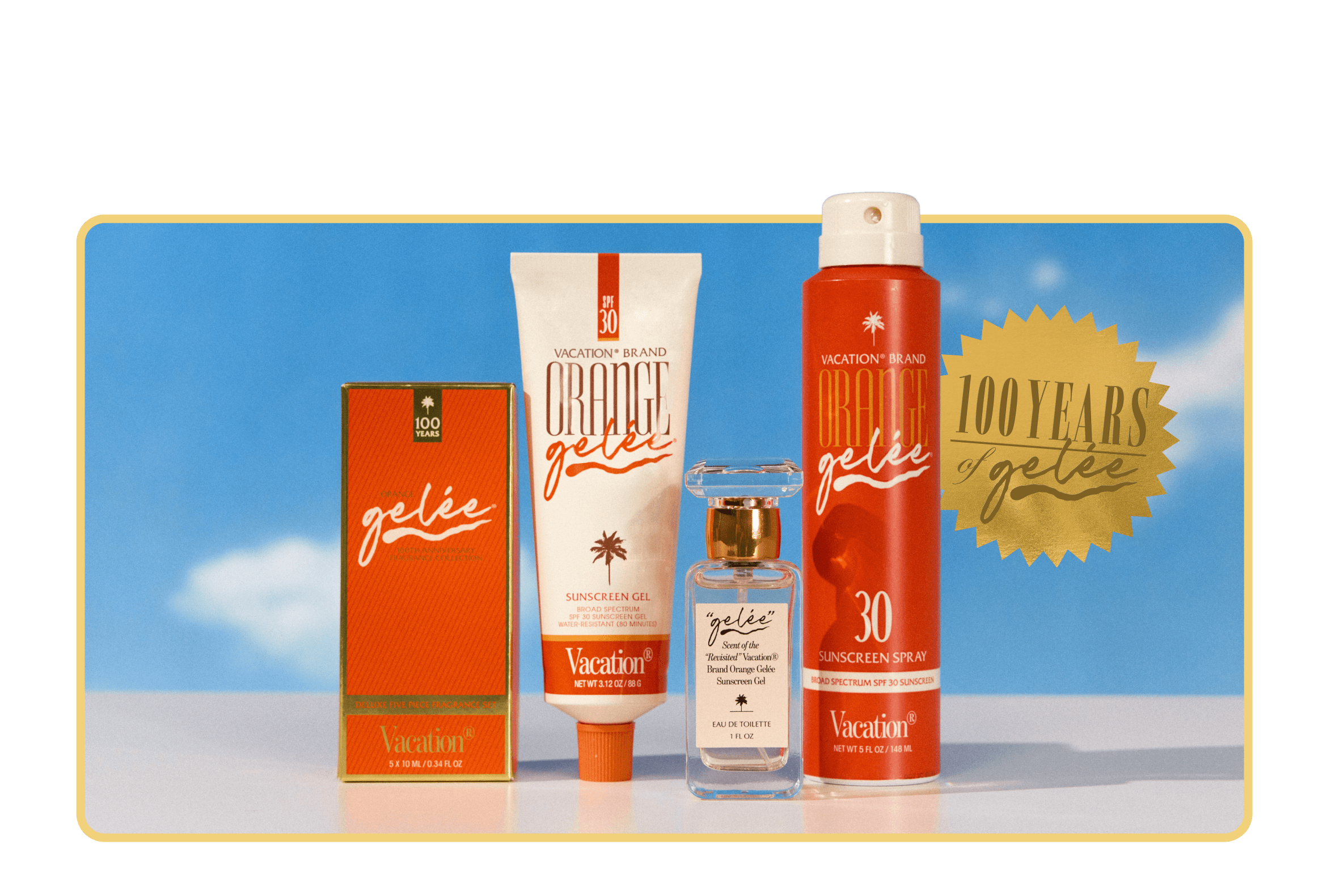 Four Vacation brand 'Gelée' products—sunscreen gel, sunscreen spray, perfume, and a box—are displayed against a blue sky with a '100 Years of Gelée' gold seal.