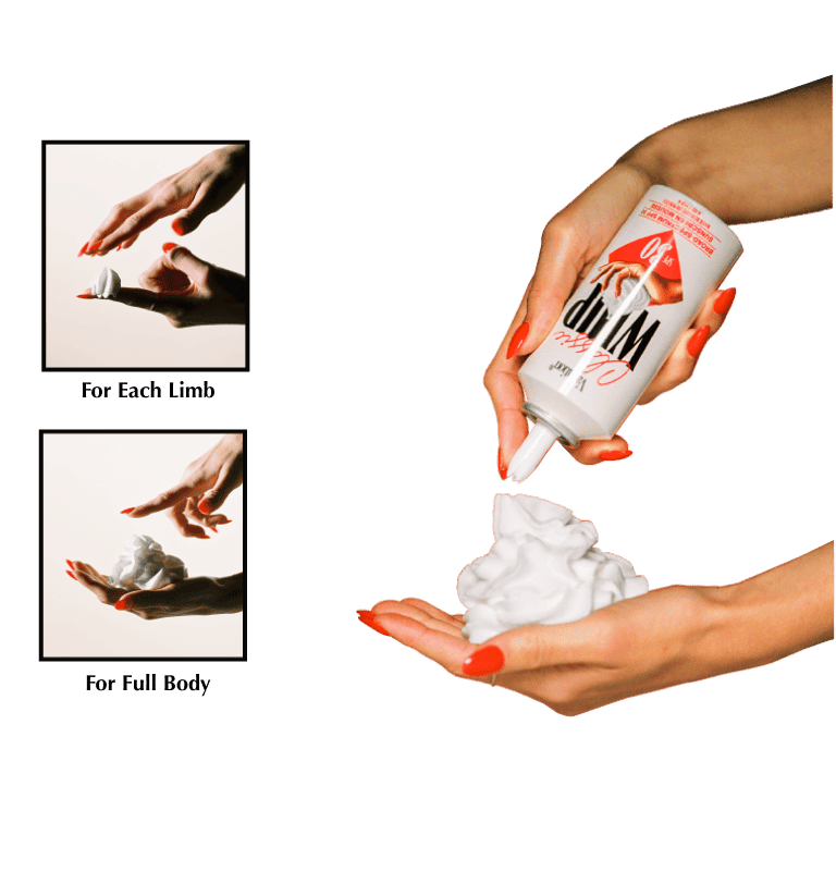 a hand dispensing Classic Whip with inset images showing a ping pong ball sized amount and a tennis ball sized amount