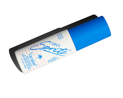 a blue and white bottle of super sprite vacation