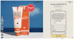 A white and orange tube of "Vacation Brand Orange Gelée SPF 30 Sunscreen Gel" and its box, with an "Allure Best of Beauty Award Winner 2025" seal, displayed on a product page against a blue sky and sea background.