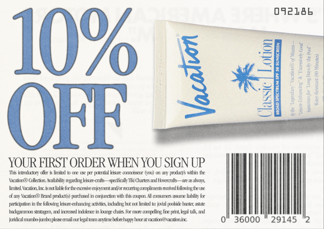 an advertisement for vacation classic lotion with a 10 % off offer