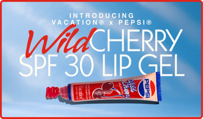 Advertisement for Vacation x Pepsi Wild Cherry SPF 30 Lip Gel, a red tube squeezing out red gel.