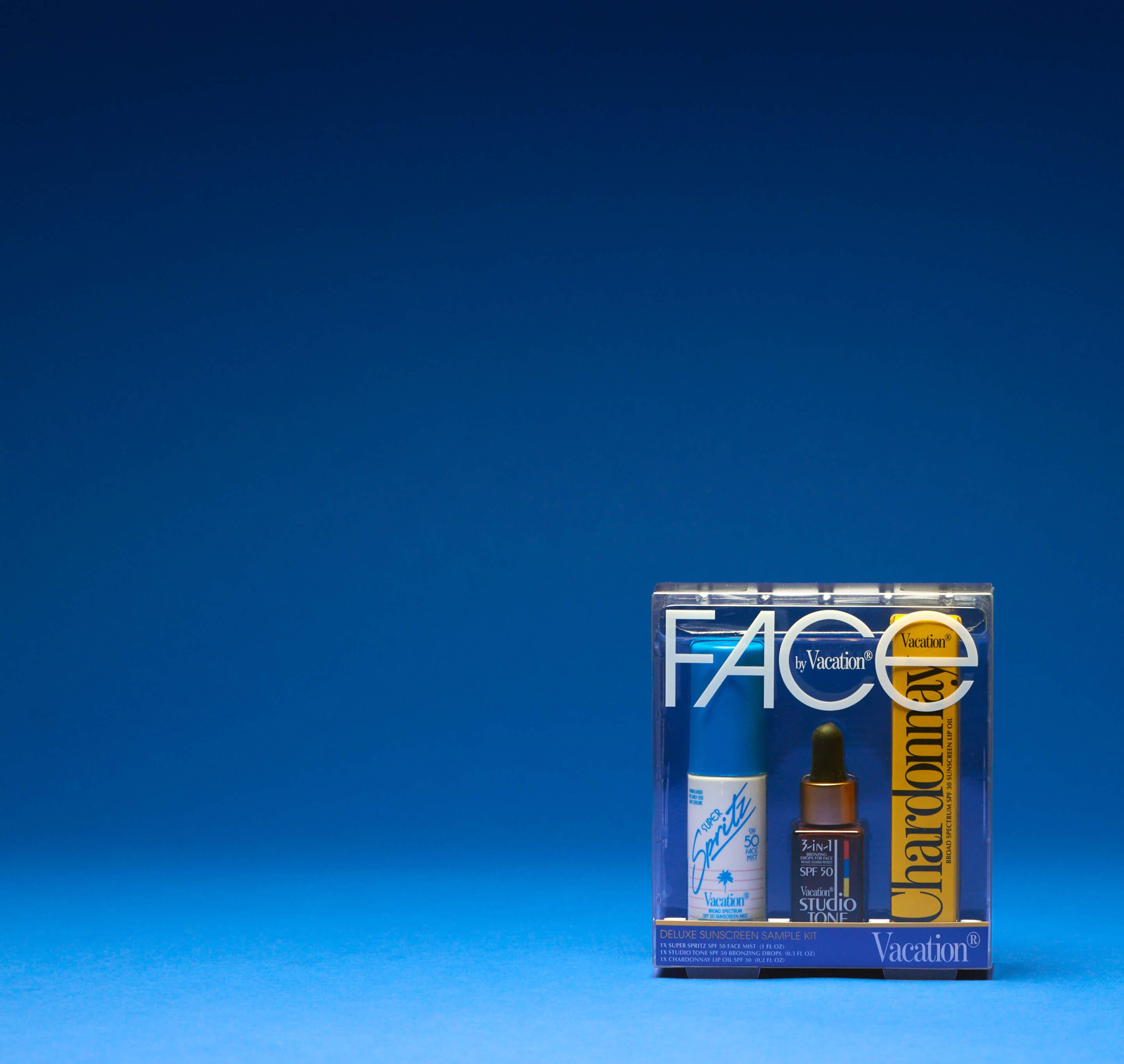 A Vacation® Face Kit on blue background