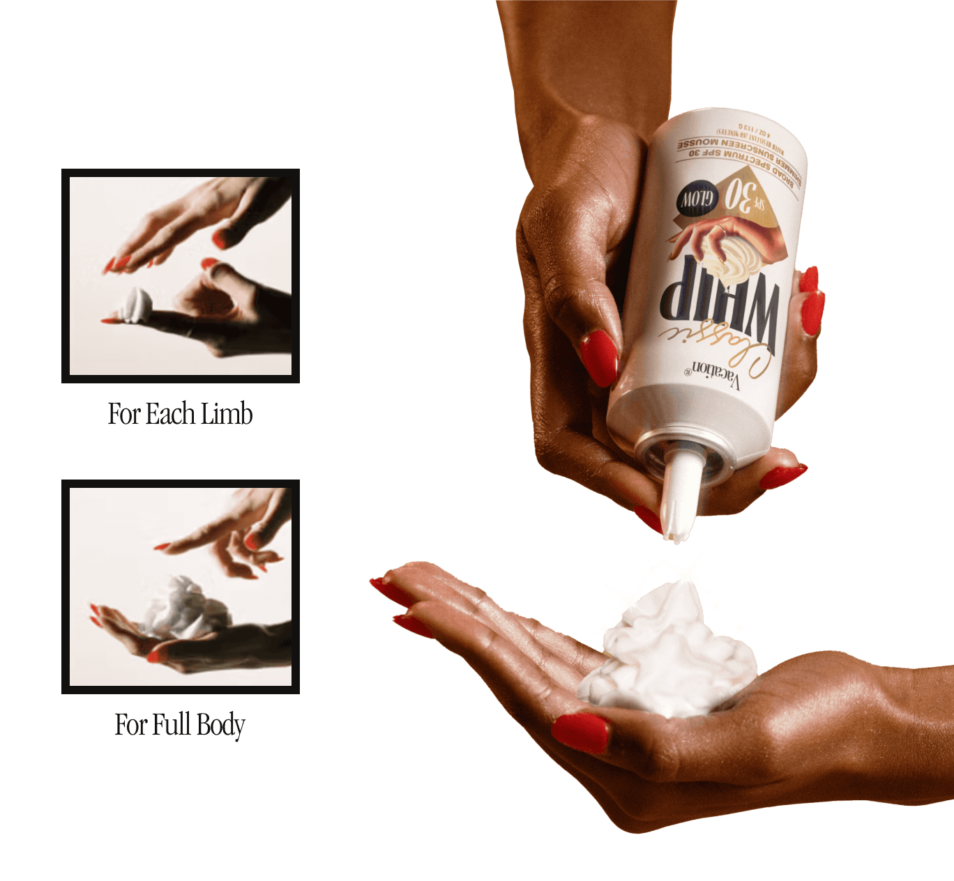 a woman with red nails is holding a bottle of whipped sunscreen