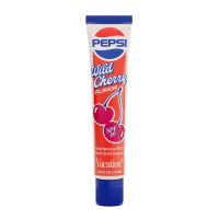 A red, white, and blue tube of Vacation Pepsi Wild Cherry SPF 30 tinted lip gel sunscreen.
