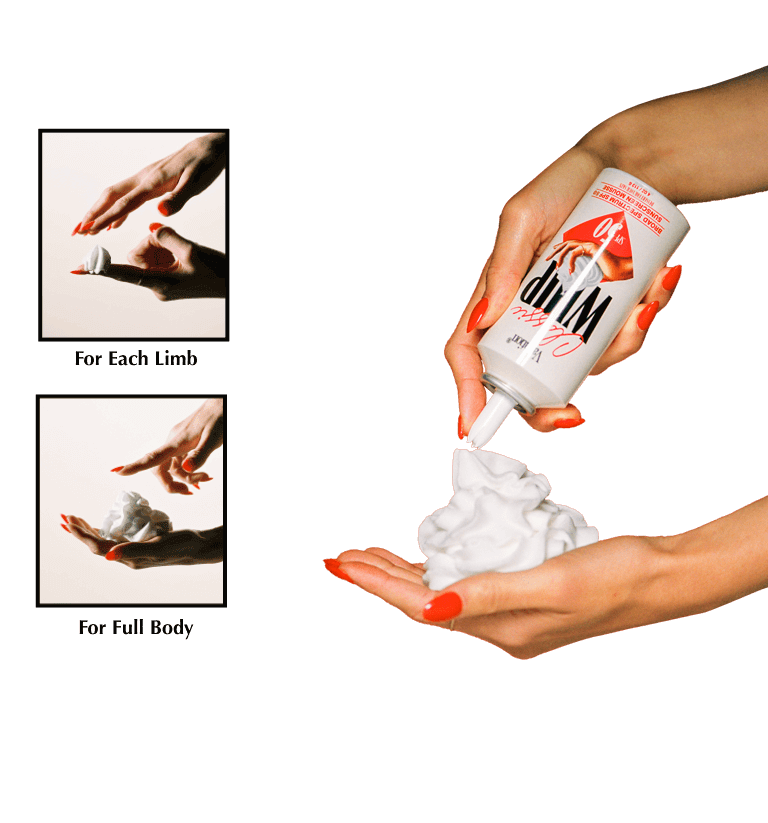 a hand dispensing Classic Whip with inset images showing a ping pong ball sized amount and a tennis ball sized amount