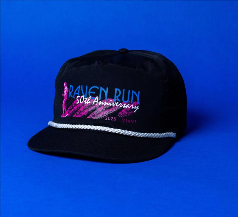 Raven Run 50th Anniversary hat with white rope on a blue background