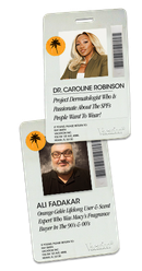 Two overlapping ID badges featuring Dr. Caroline Robinson, a dermatologist, and Ali Fadakar, a scent expert, for the Vacation brand.
