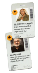 Two overlapping ID badges featuring Dr. Caroline Robinson, a dermatologist, and Ali Fadakar, a scent expert, for the Vacation brand.