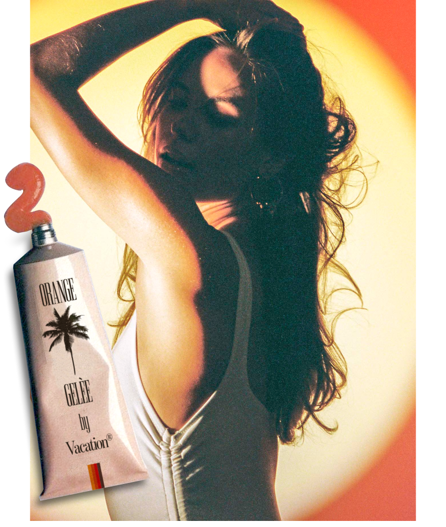 A woman with her arm raised, silhouetted against a warm-toned background, alongside a tube of "Orange Gelee by Vacation" with orange gel forming a number 2.