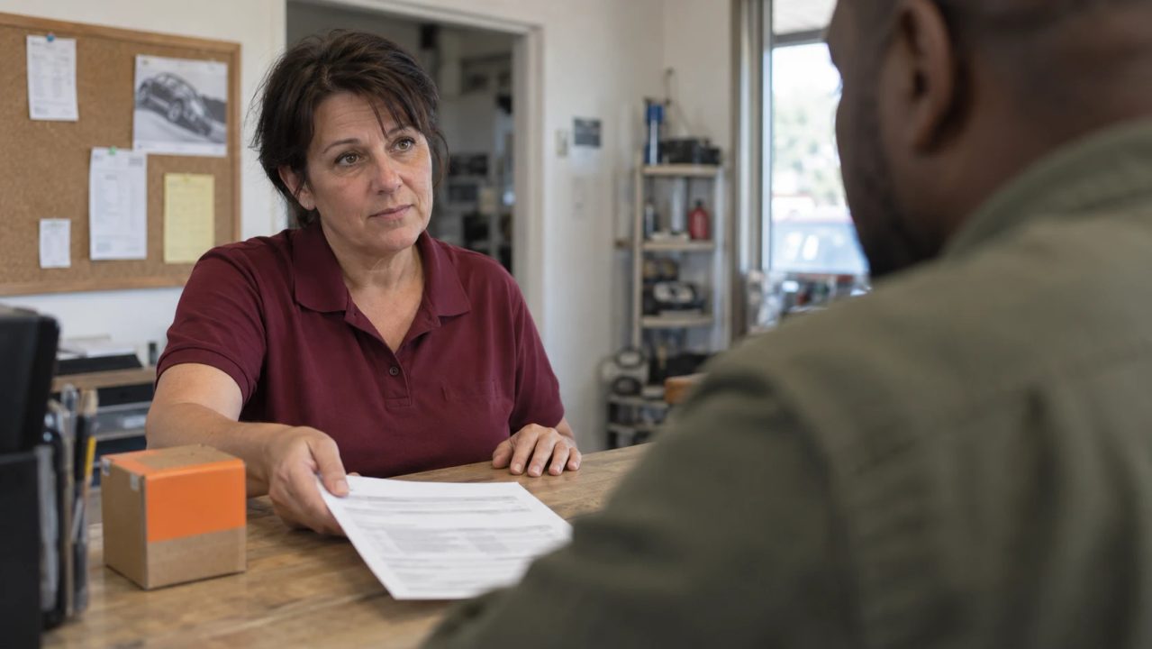 A field rep handing paperwork across a parts counter to a service bay employee