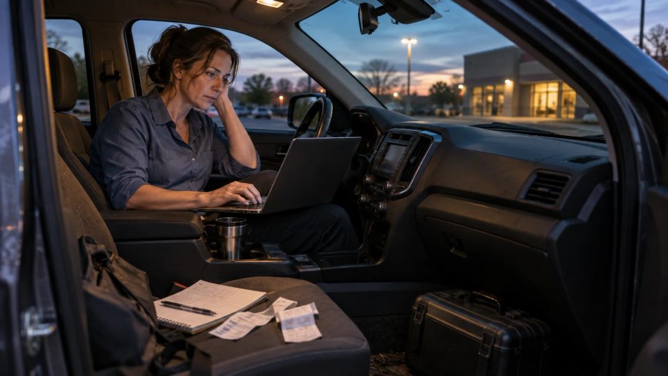 A rep finishing CRM admin work on a laptop in her truck at dusk after a day of visits