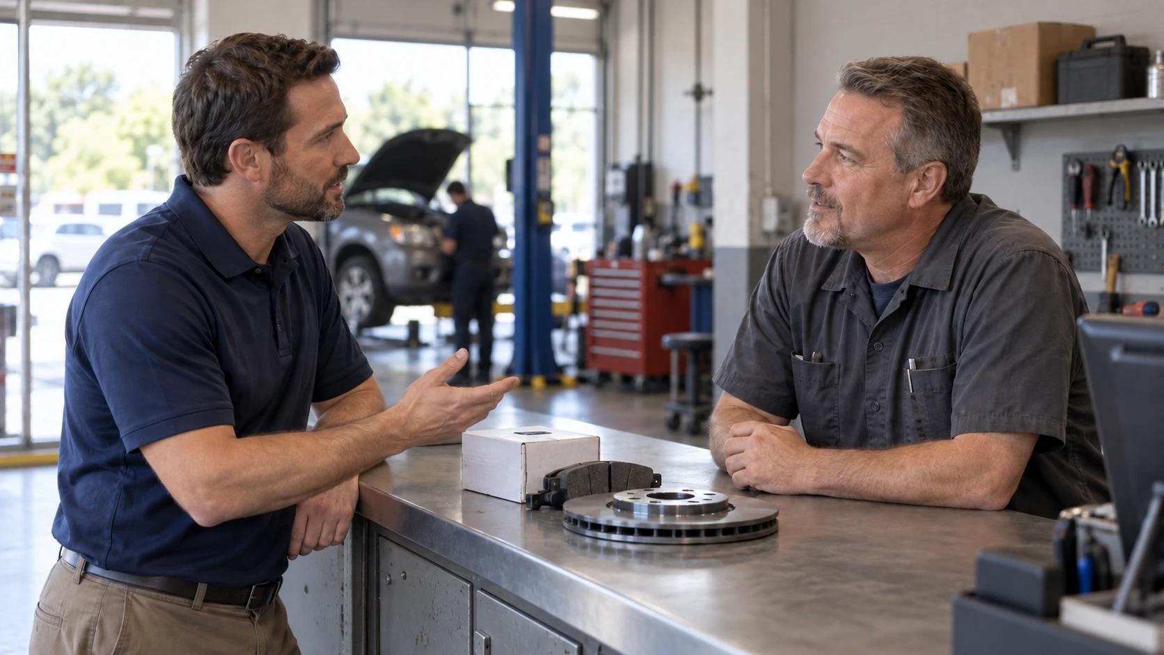 A field rep discussing brake parts with a service bay counter manager