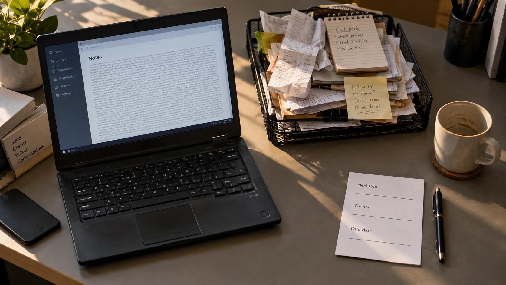 A cluttered tray of handwritten notes and receipts next to a laptop showing a wall of unstructured CRM notes text