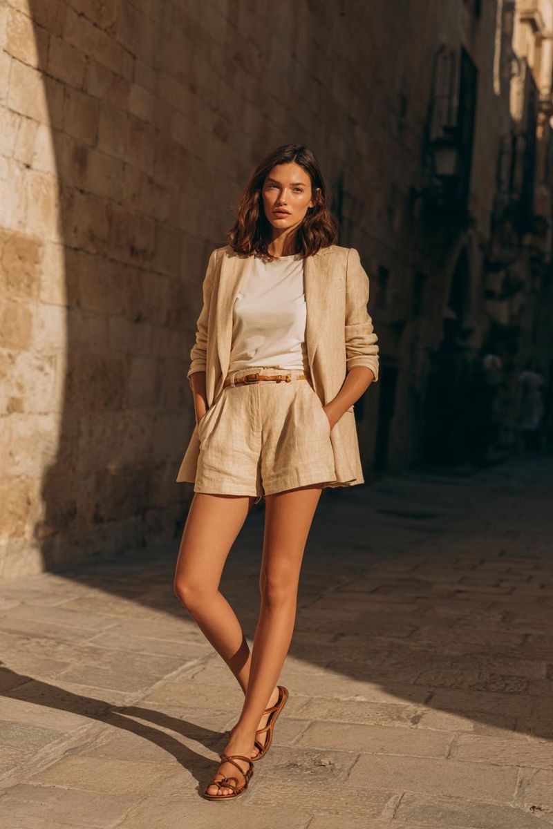 Chic woman wearing beige linen blazer and tailored shorts set on sunlit European street