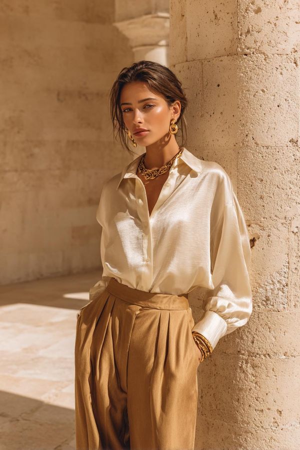 Woman in cream silk blouse tucked into camel wide leg trousers with gold jewelry in sunlit courtyard