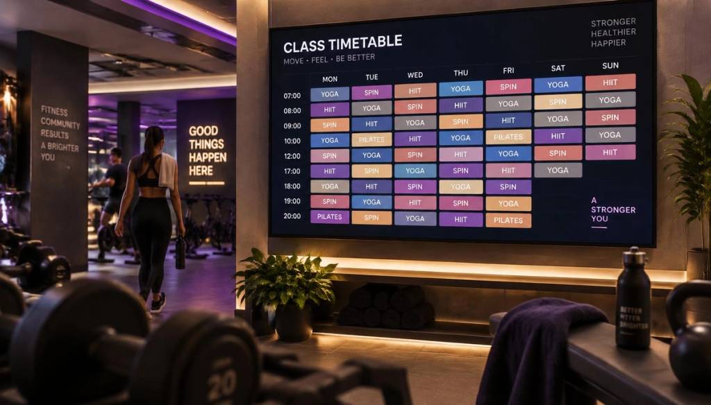 Gym wall screen showing a live weekly class timetable