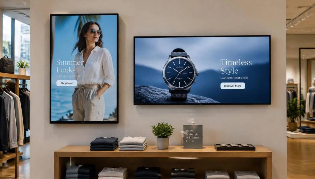 Retail store wall with a portrait screen and a landscape screen side by side