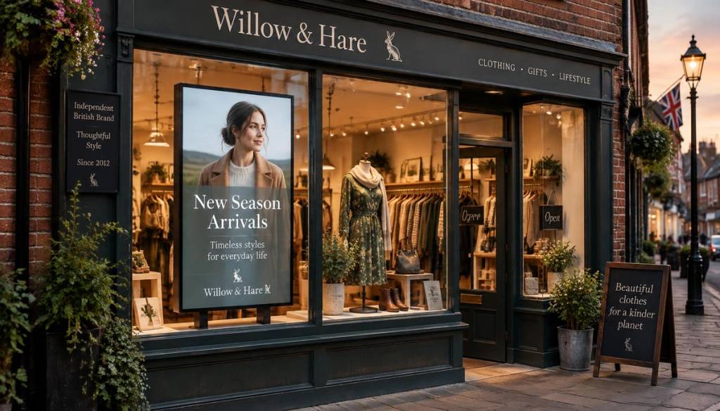 Independent UK shop window with a digital signage screen