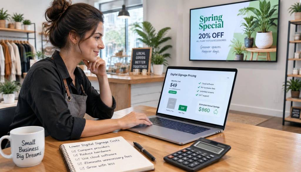 Shop owner reviewing digital signage pricing and savings on a laptop