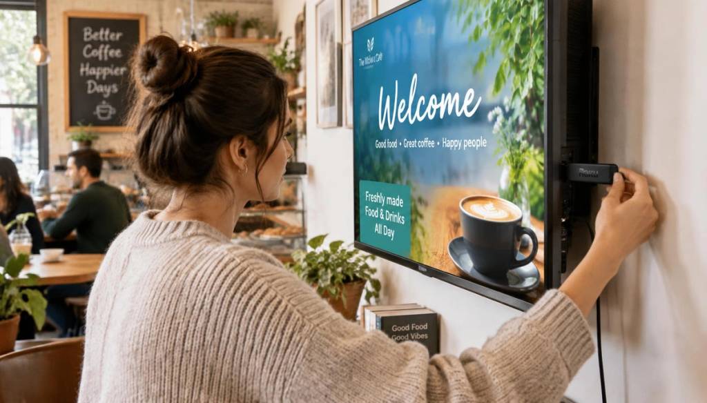 Plugging a streaming stick into a café TV showing a welcome screen