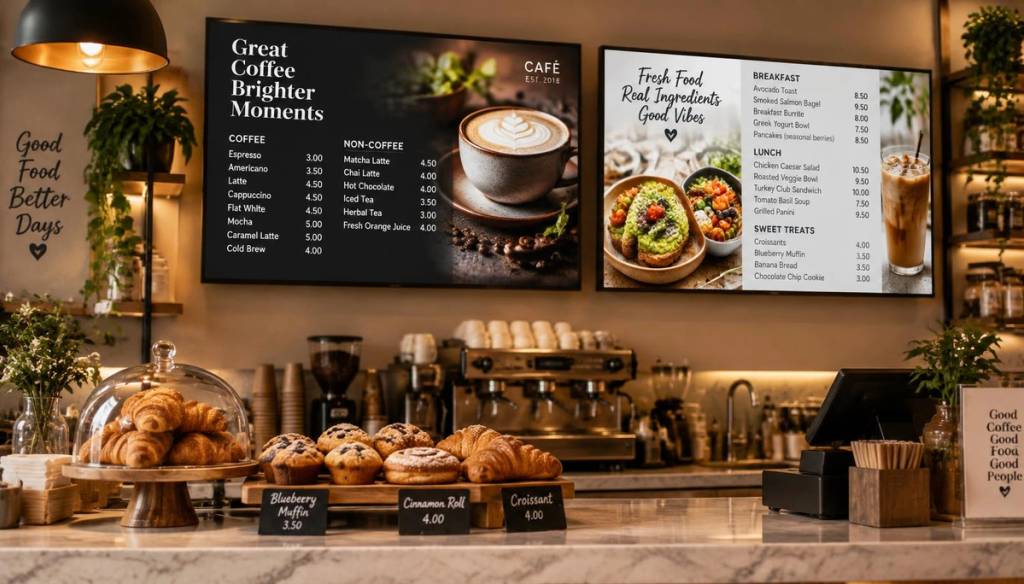 Café with two digital menu boards above the counter