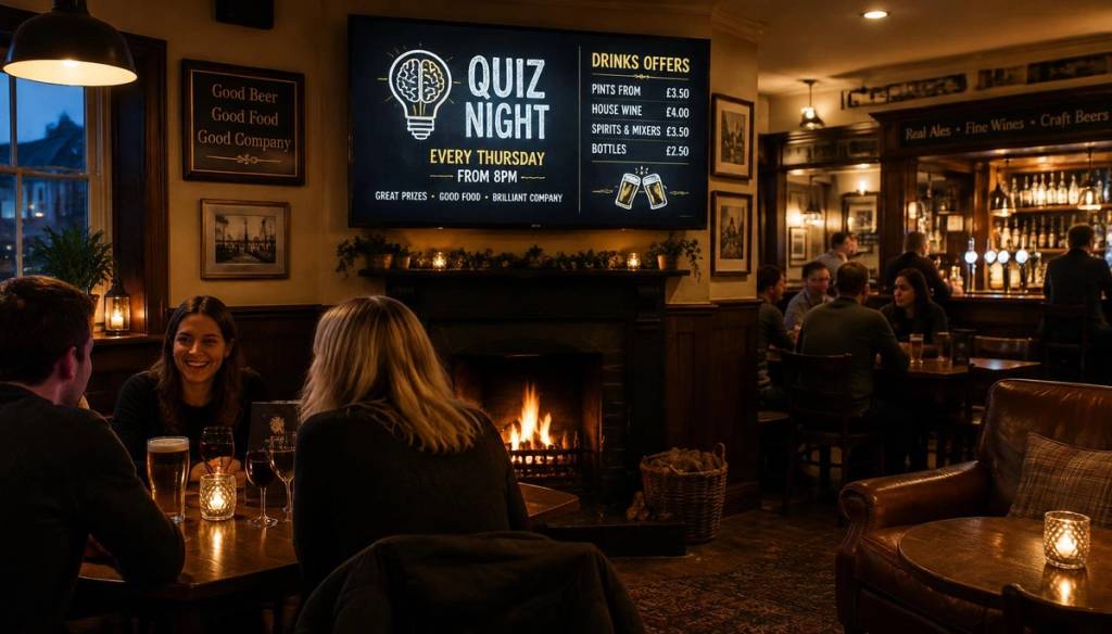 Cosy British pub with a wall screen promoting quiz night and drinks offers