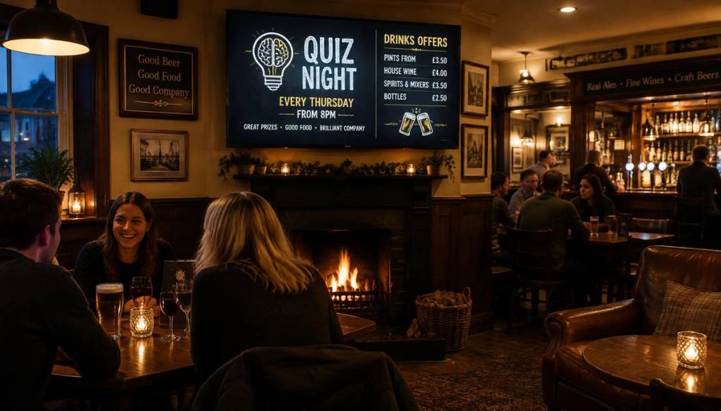 Cosy British pub with a wall screen promoting quiz night and drinks offers