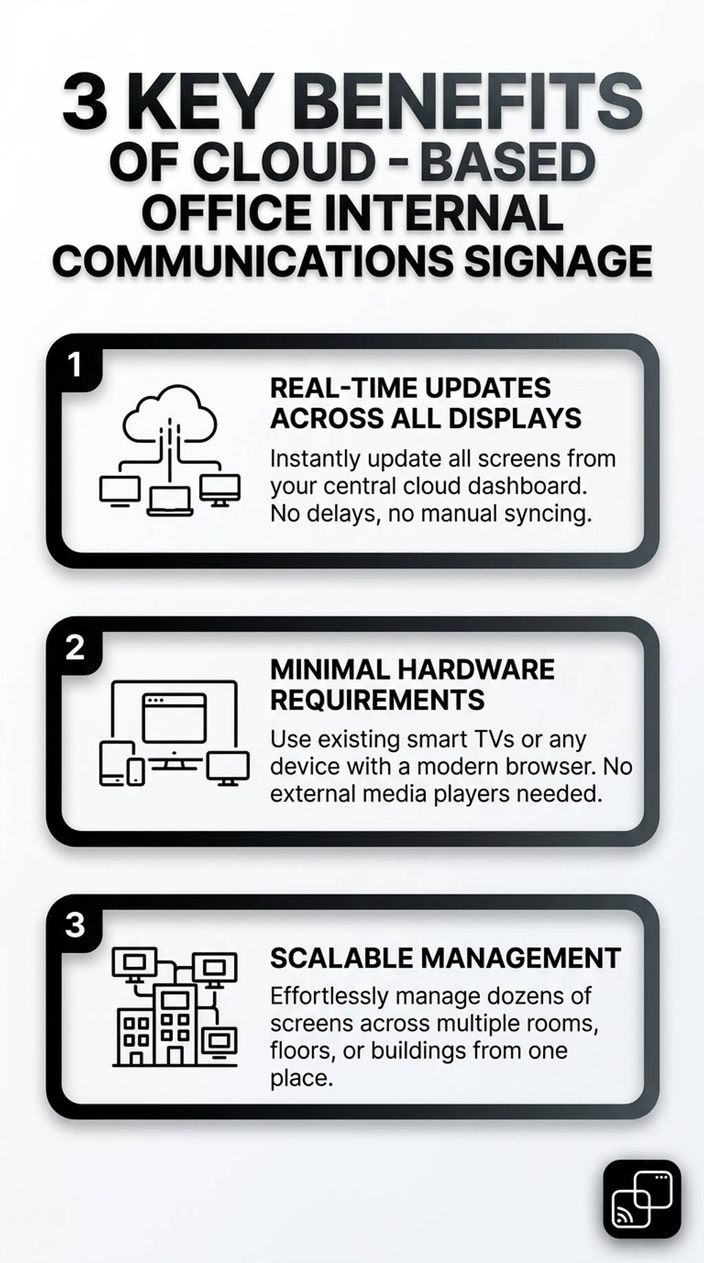 Infographic: 3 key benefits of cloud-based office internal communications and digital signage.
