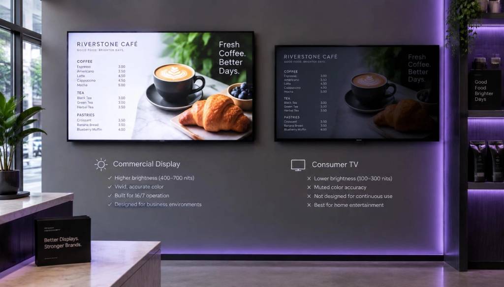 Commercial display vs consumer TV showing the same café menu