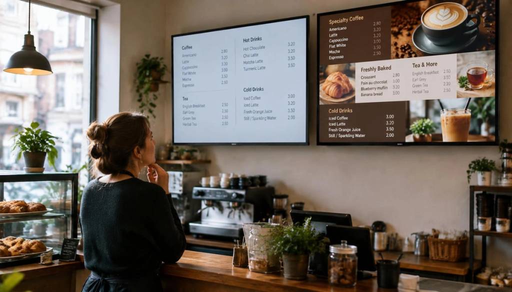 A café owner updating a digital signage screen from a phone