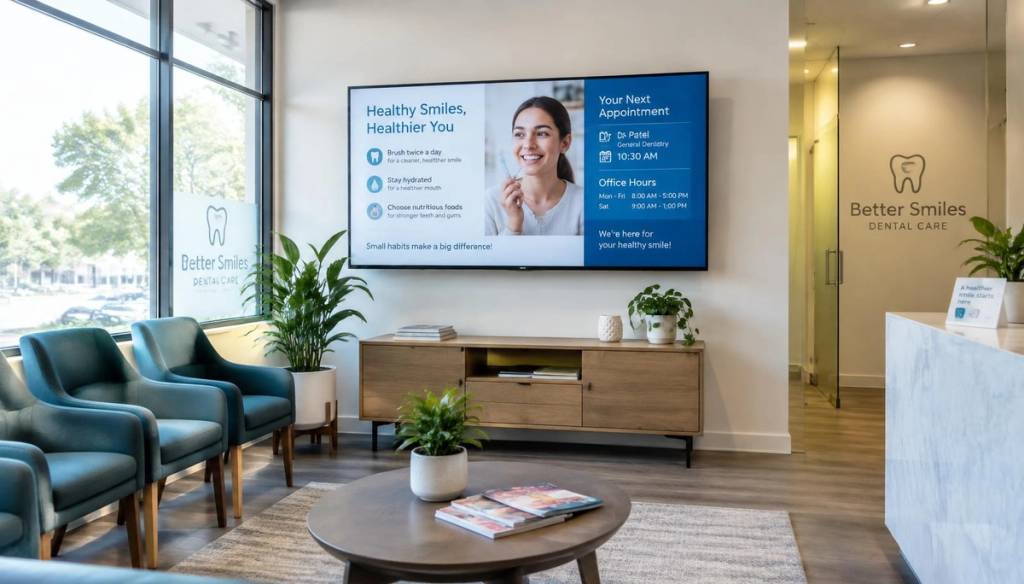 Dental clinic waiting room with a wall-mounted screen showing health tips and opening hours