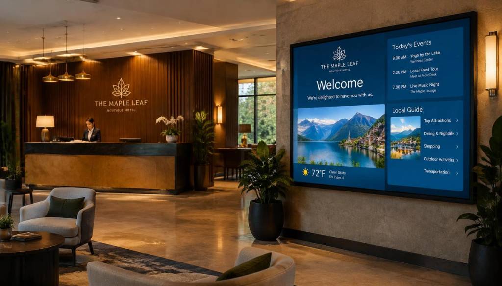 Boutique hotel lobby with a large digital welcome screen showing events and a local guide