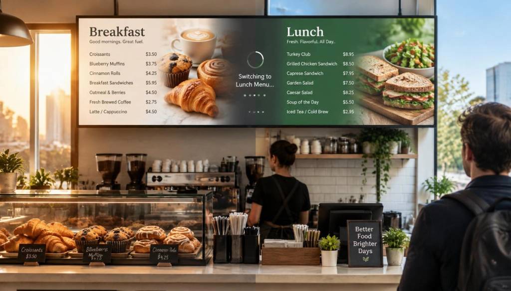 Digital menu board switching from breakfast to lunch in a café