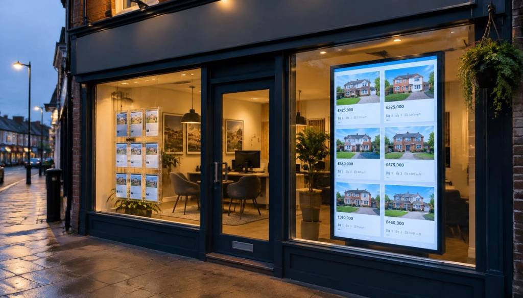 Estate agent shop window at dusk with a portrait digital screen showing property listings