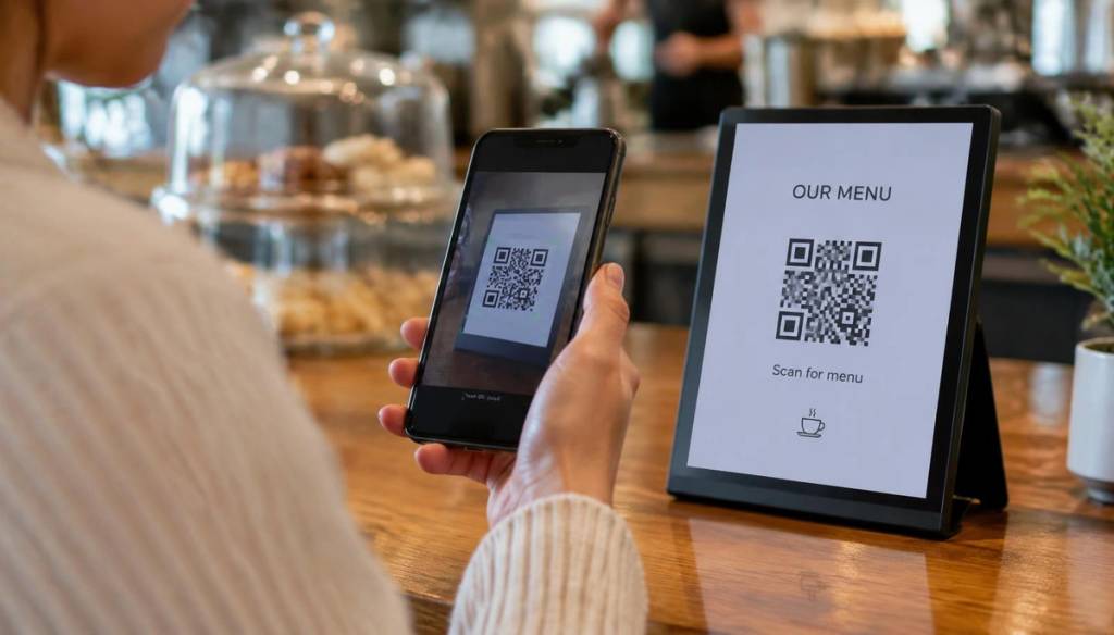 Customer scanning a QR code on a café display with a smartphone