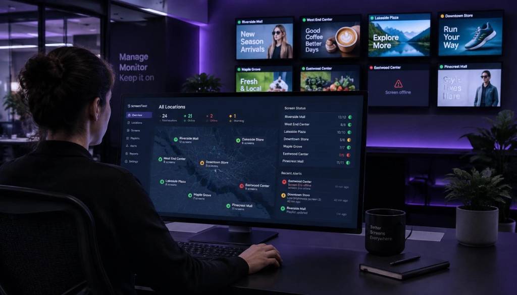 Remote multi-location screen management dashboard with live status map