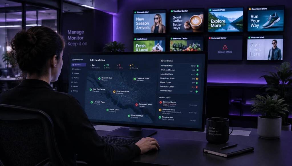 Remote multi-location screen management dashboard with live status map