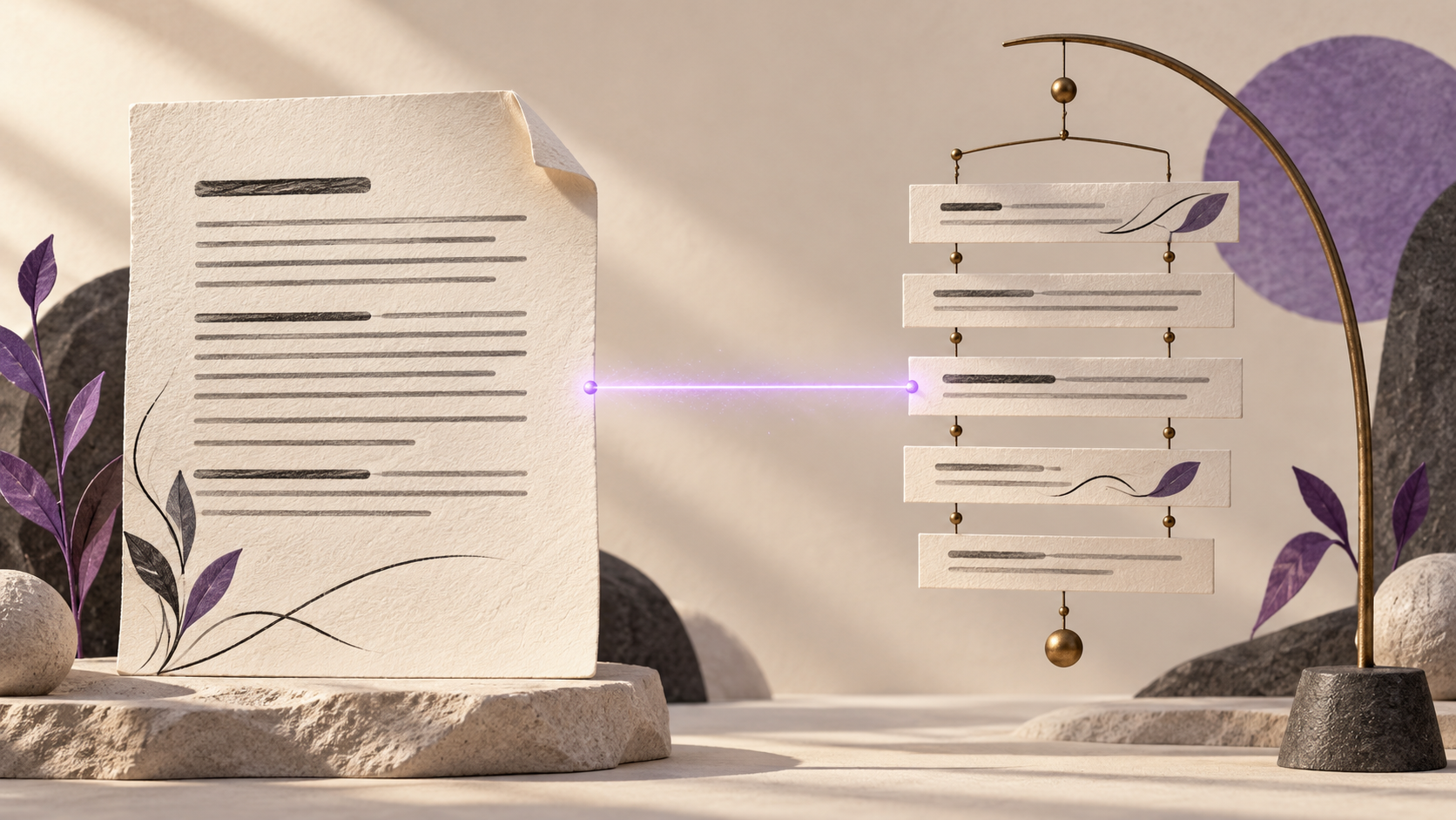 A whole document balances beside a suspended arrangement of sentence strips.
