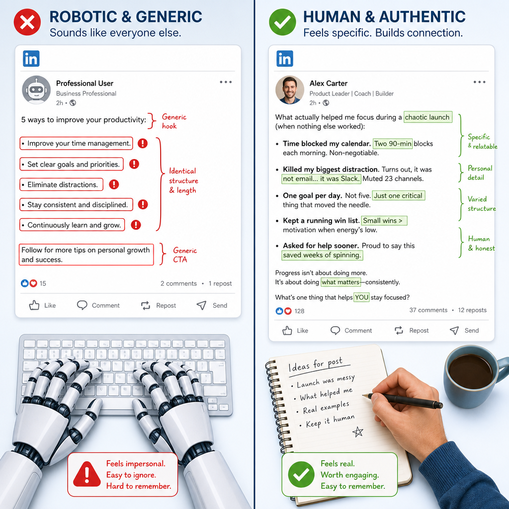 Comparing robotic vs authentic Linkedin posts from HumanizeAIText tool