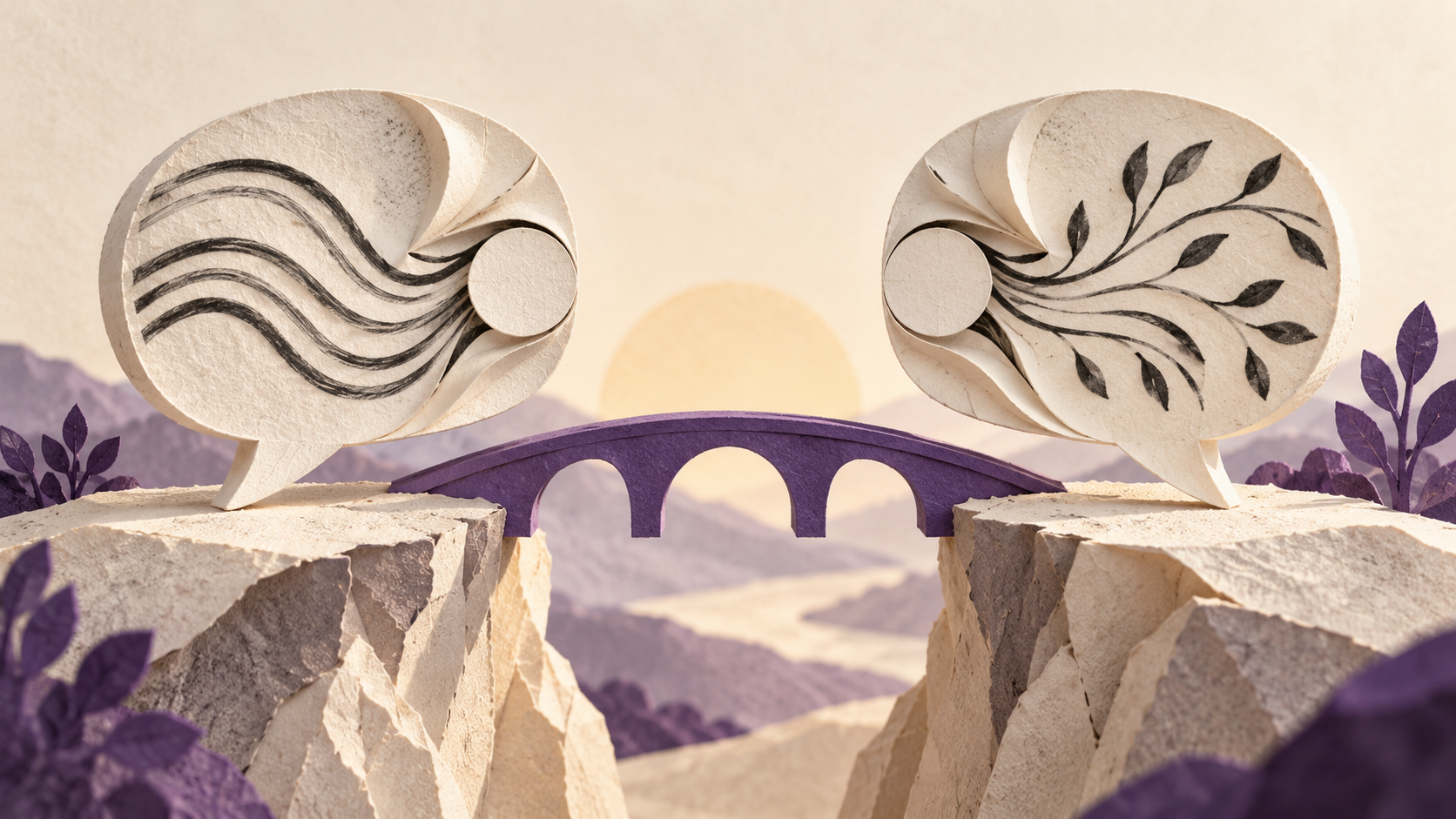 A violet bridge connects two paper speech bubbles with matching central shapes.