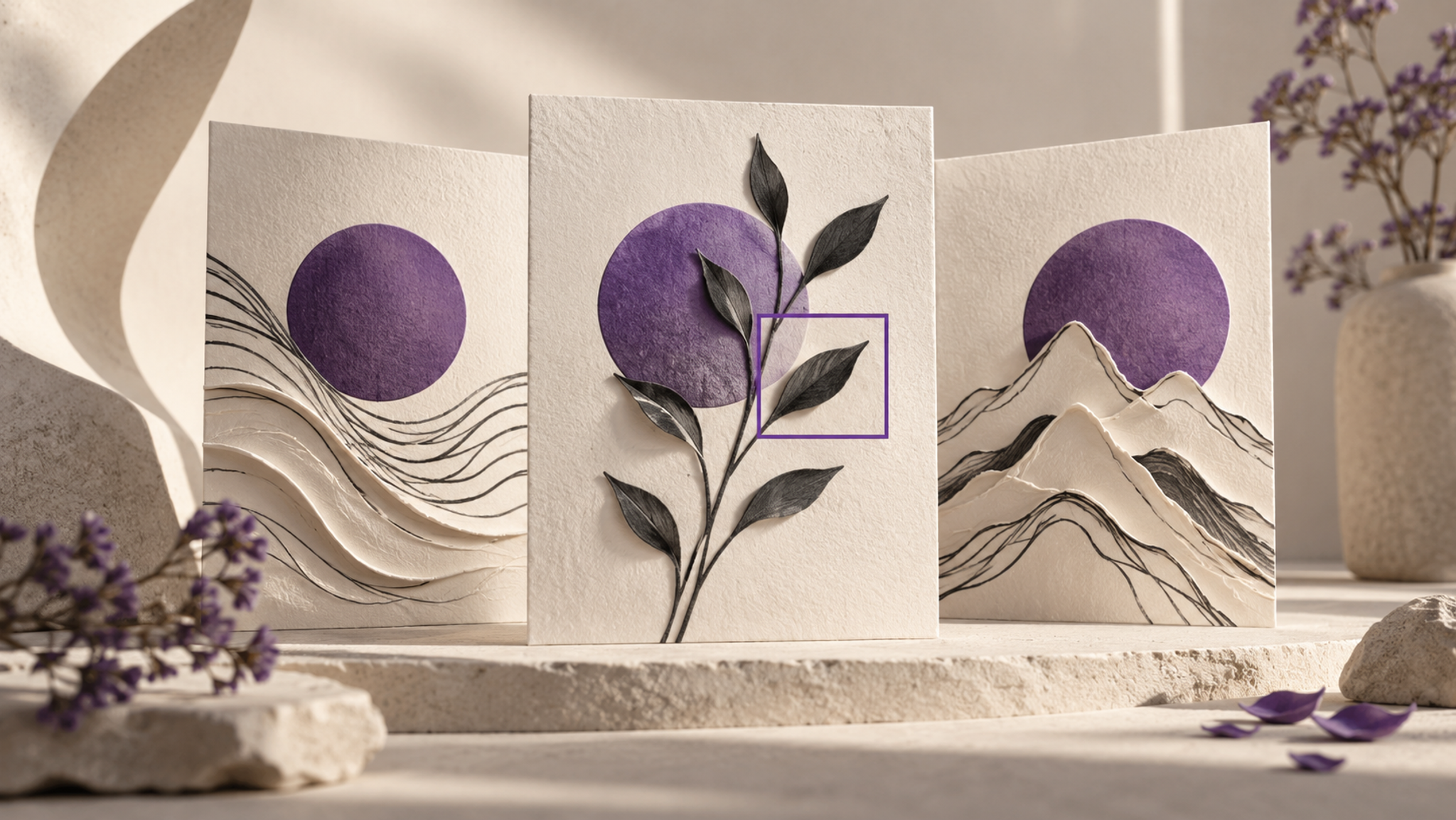 Three campaign cards show different arrangements around a shared violet circle.