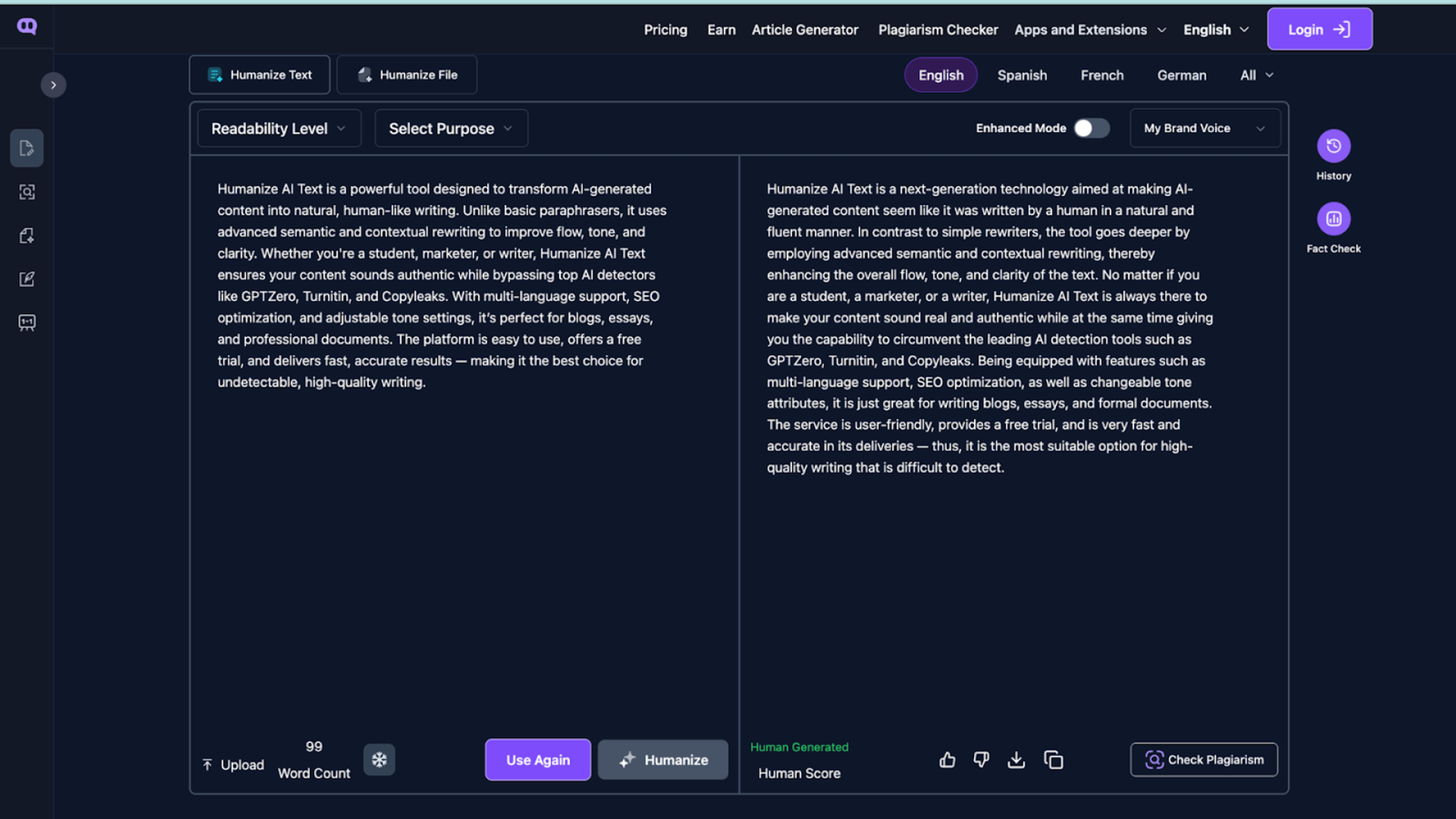 Humanize AI Text's Dashboard