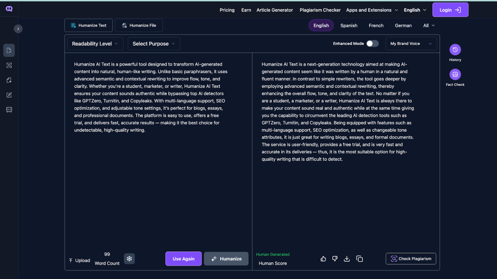 Humanize AI Text's Dashboard