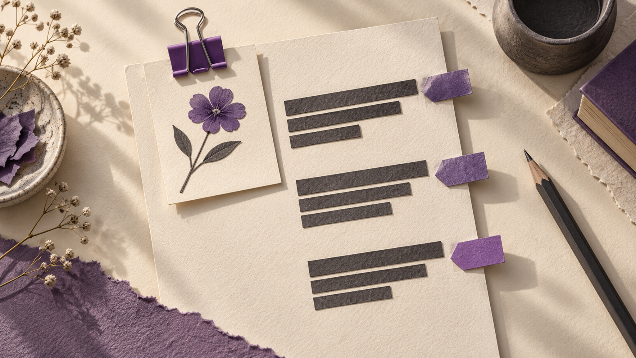 A violet binder clip joins a client brief to an annotated draft.