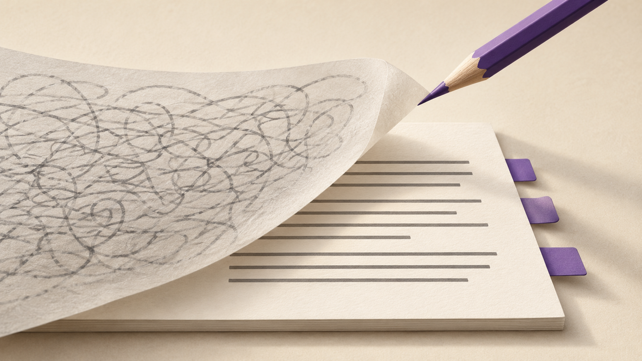 A violet pencil lifts a tangled translucent sheet above an orderly draft.