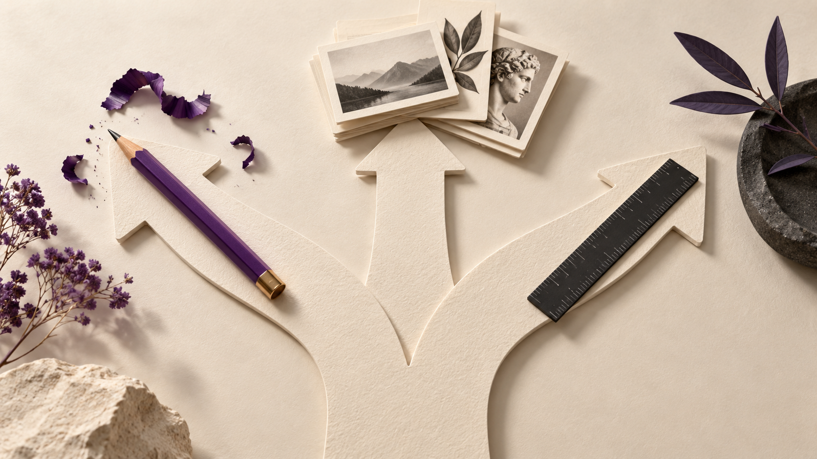 A paper path branches toward a pencil, ruler, and reference cards.
