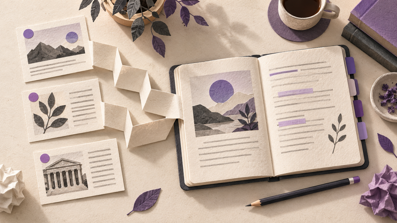 An open study notebook with source cards, violet tabs, and a pencil.