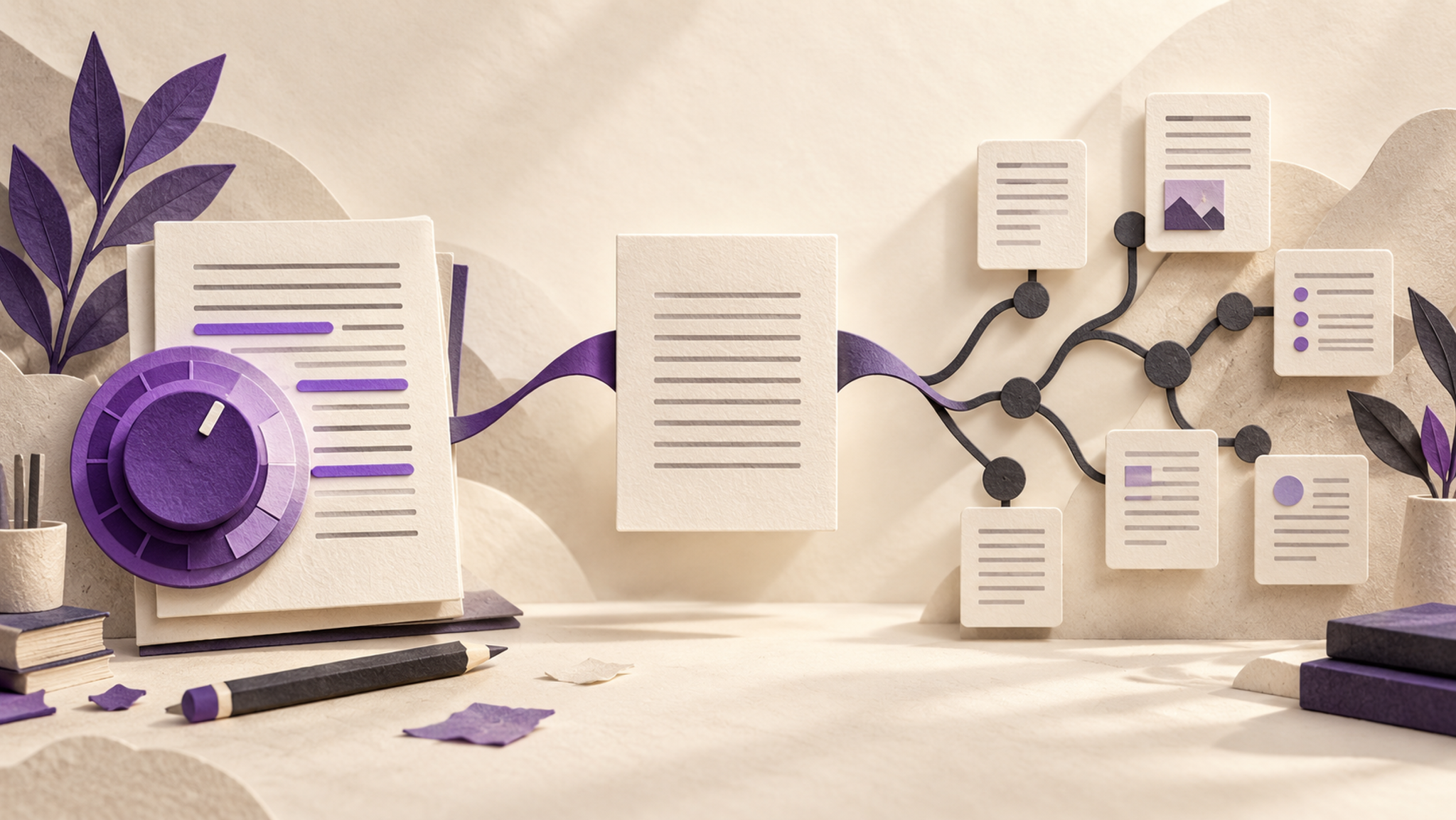 A document connects a focused editing dial with a network of workflow cards.