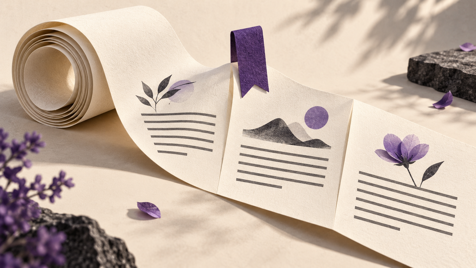 A paper ribbon unfolds into three orderly article columns with a violet bookmark.